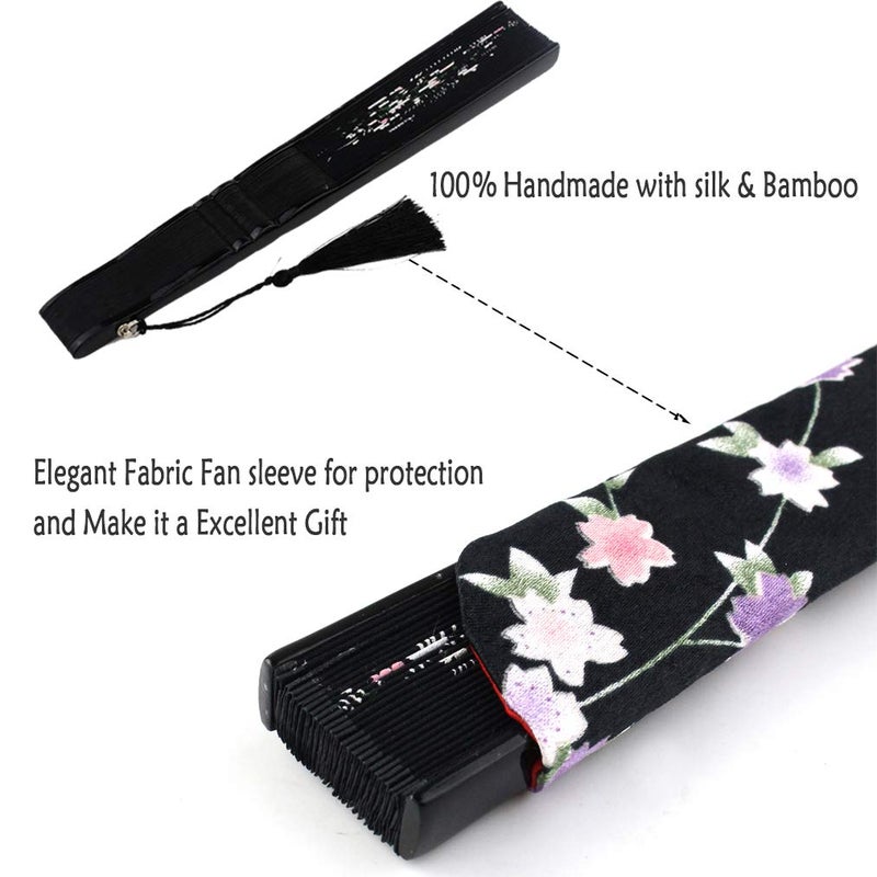 Wobe Black Linen Fabric Folding Hand Fan Grassflowers Bamboo Hand Held Fan with a Fabric Sleeve Handheld for Protection Birthday Gifts - Womens Chinese/Japanese Vintage Home Decorations - Image 3